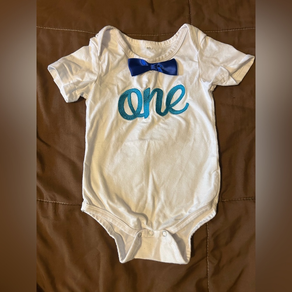 First birthday baby boy, One, bow tie, body suit, 12 months